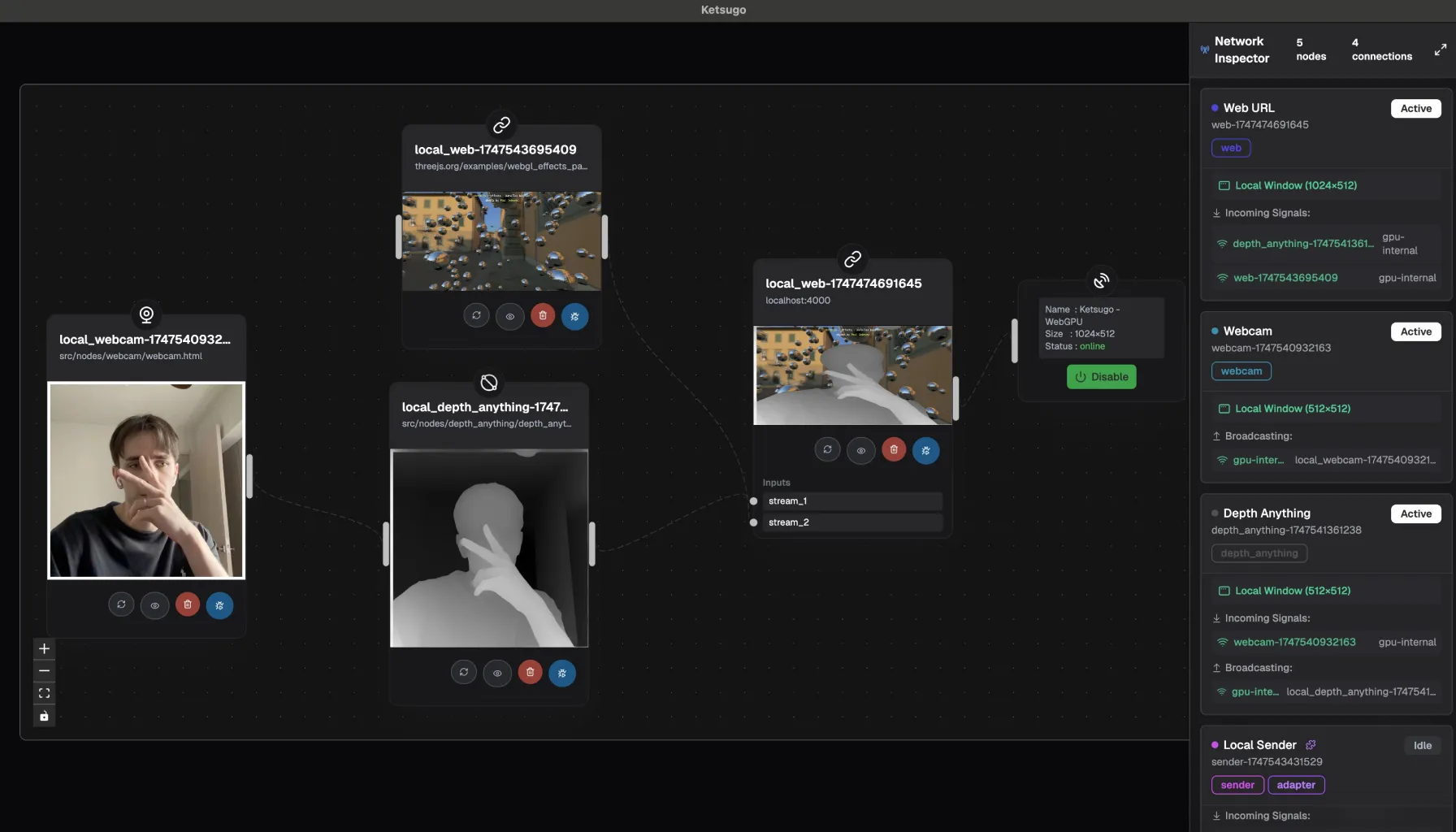 Screenshot of a node-based WebGPU editor exporting to TouchDesigner