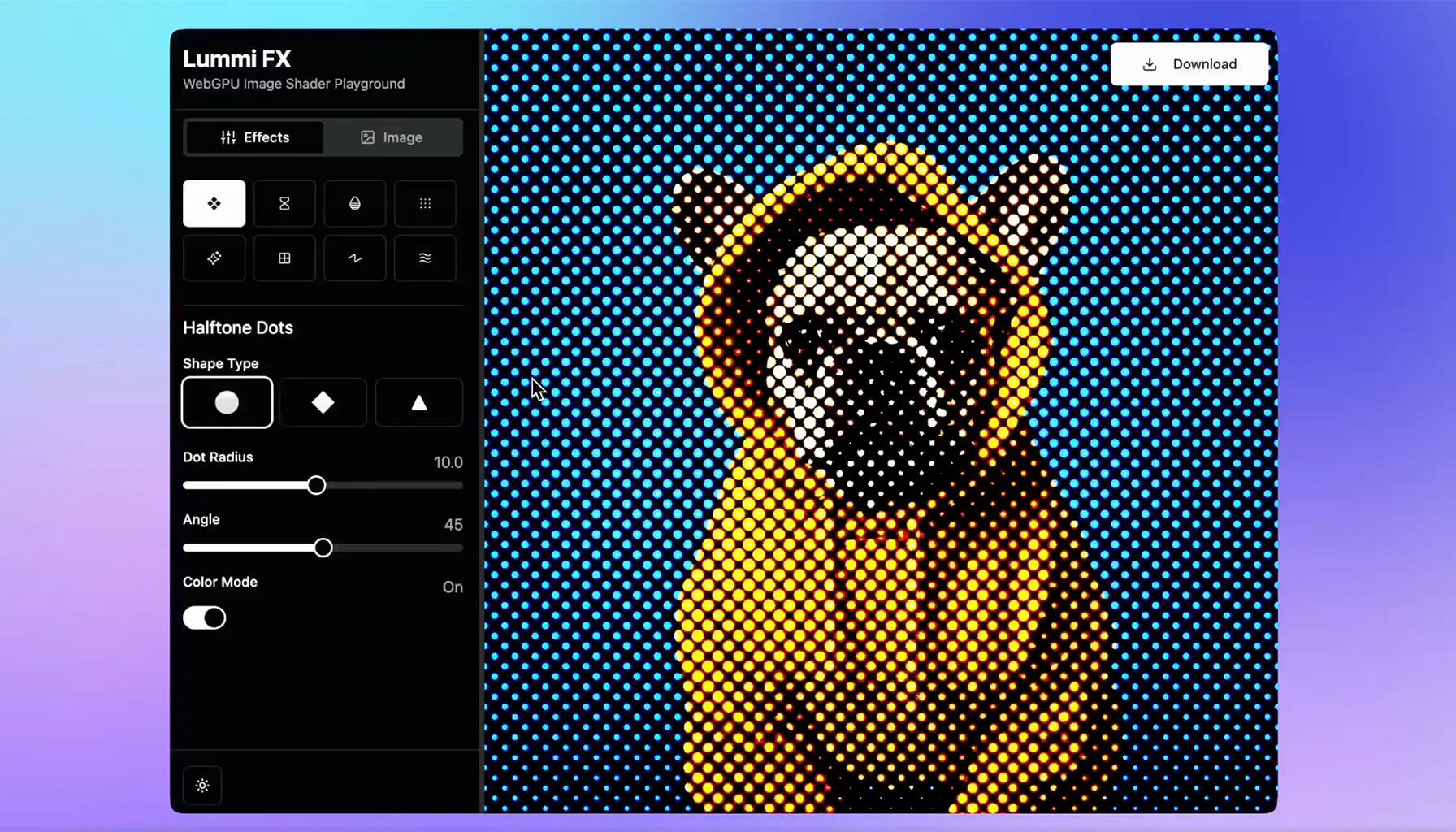 Halftone and noise filters applied to an image in real time