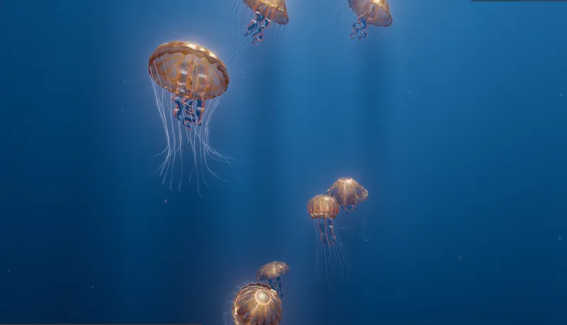 A futuristic web experience with a 3D render of jellyfish