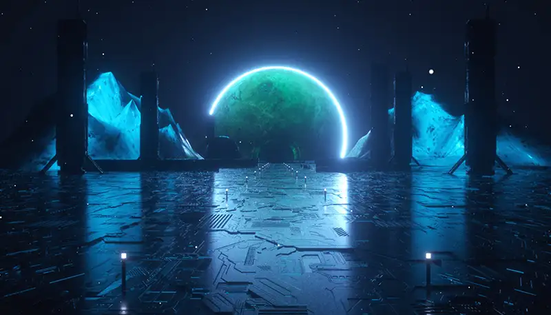 An interactive 3D website scene depicting a futuristic space station in space