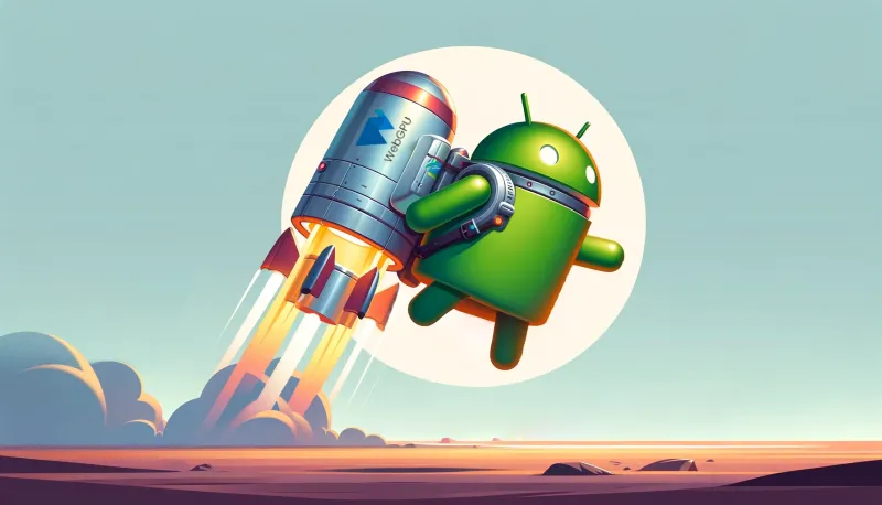 The Google Android mascot with a jetpack powered by WebGPU