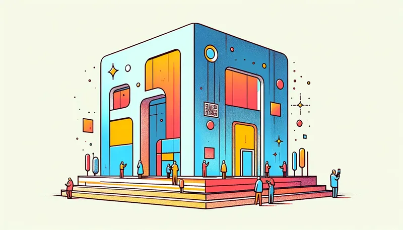 A hand drawing building with silouhette around holding smartphone and vr headset